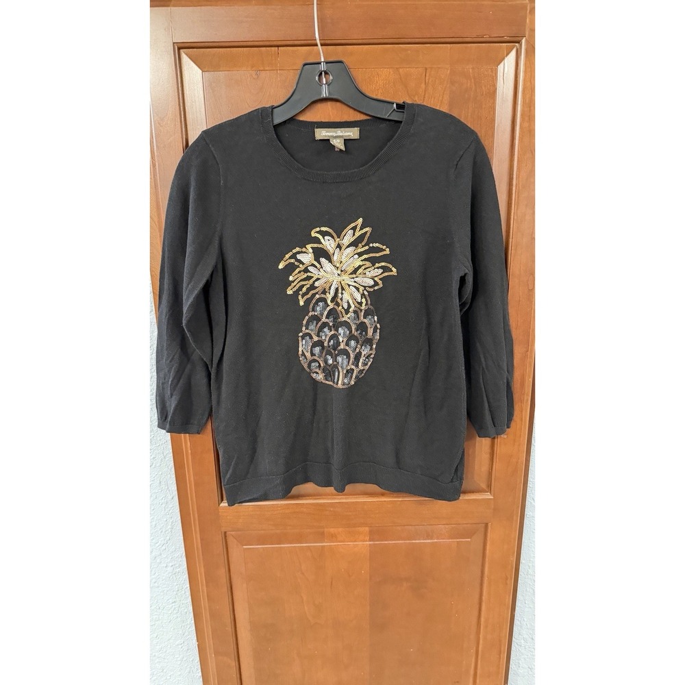 Tommy Bahama Womens Pickford Sequins Pineapple Sweater 3/4 Sleeve Black Size S